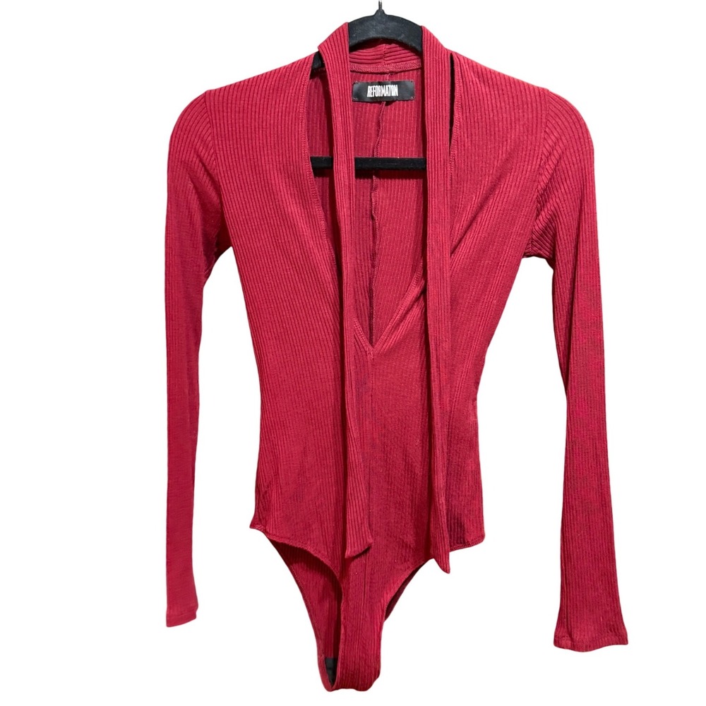 Reformation Burgundy Ribbed Long Sleeve Deep V-Neck Bodysuit XS Made in USA